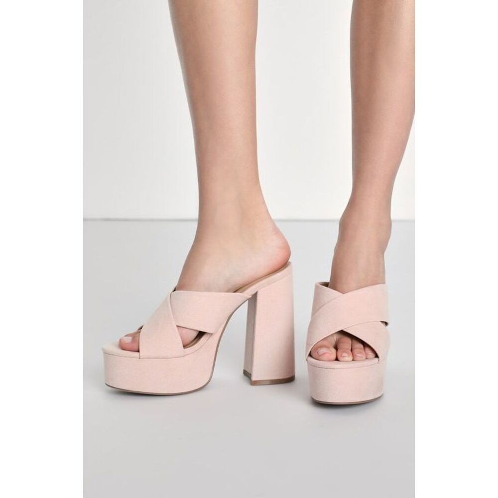 Lulus Aliany Light Nude Suede Platform Slide Sandals Beige - Size 8.5